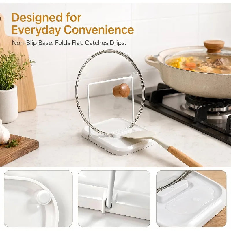 Pot lid holder and spoon rest on a countertop next to the stove