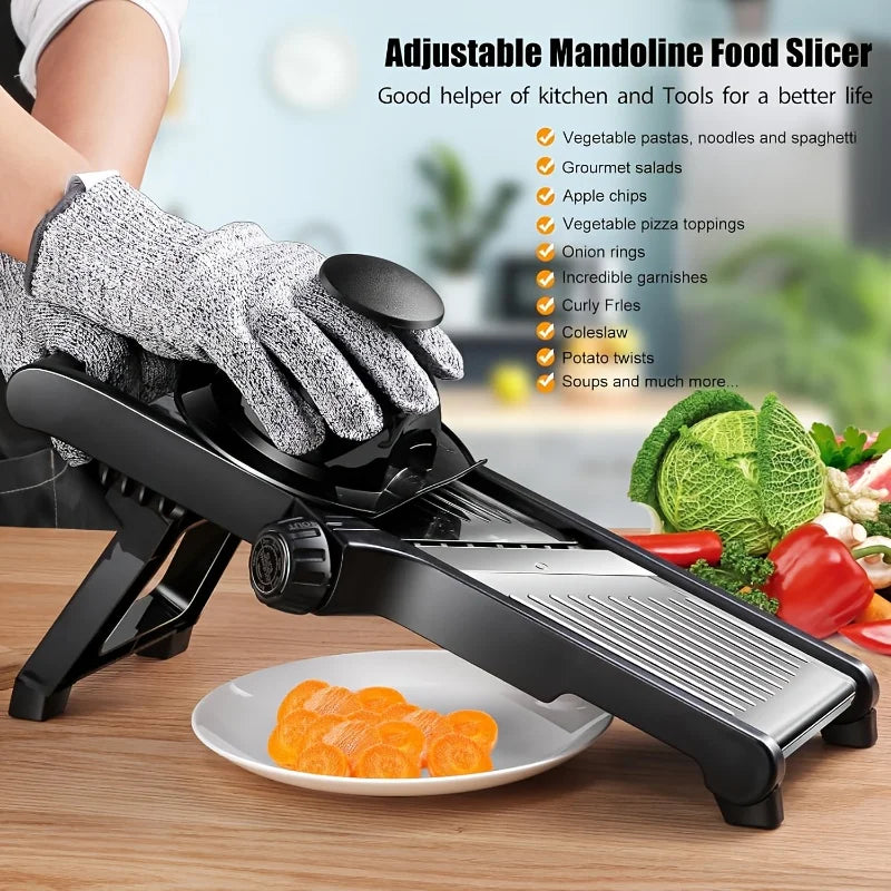 Black mandoline slicer on a kitchen counter with sliced carrots