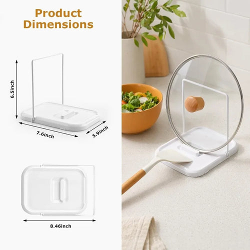 2-in-1 pot lid holder and spoon rest shown open and folded flat
