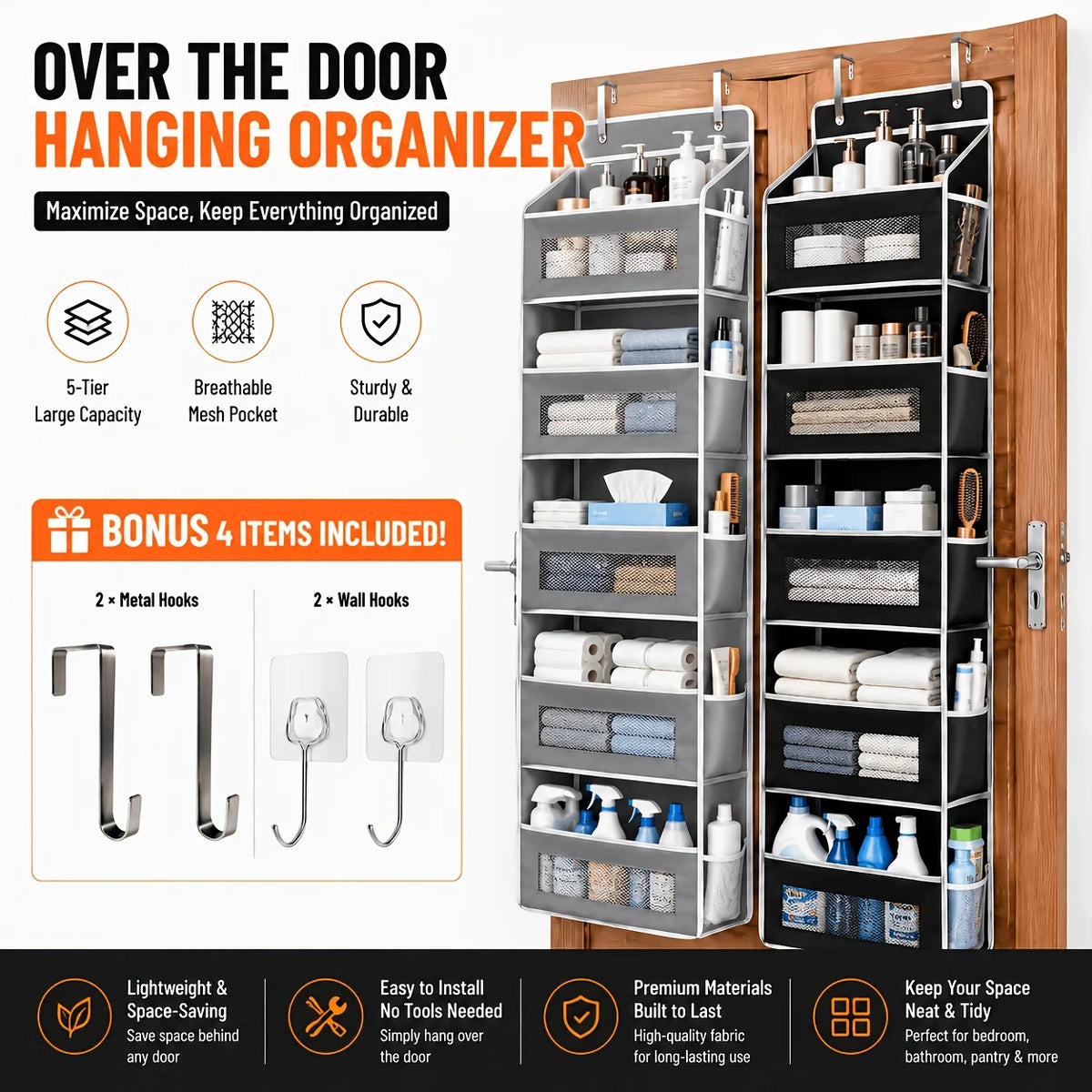 Black 5-tier over-the-door hanging organizer with 10 pockets