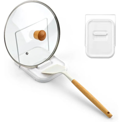 White 2-in-1 foldable pot lid holder and spoon rest holding a glass lid and spatula