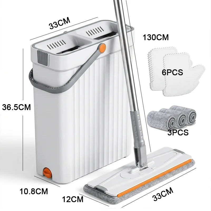 Slim flat mop and bucket set with 3 microfiber pads