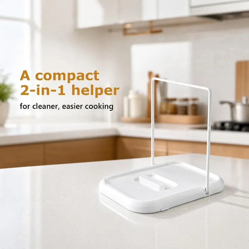 White foldable pot lid holder on a kitchen counter