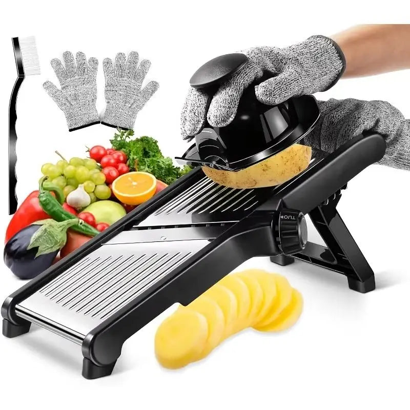 Black stainless steel mandoline slicer with food holder slicing a potato