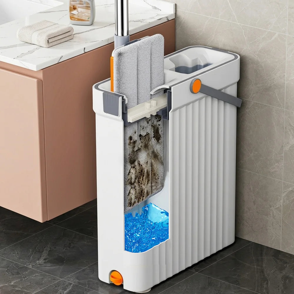 Slim mop bucket with wringing slot next to a bathroom vanity